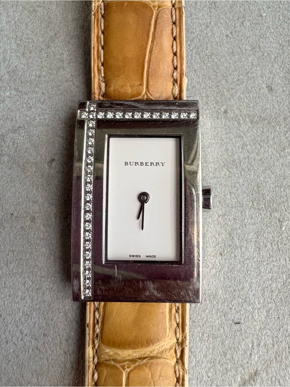 Burberry Silver Rectangle Case Watch with Tan Leather Strap & Real Diamonds